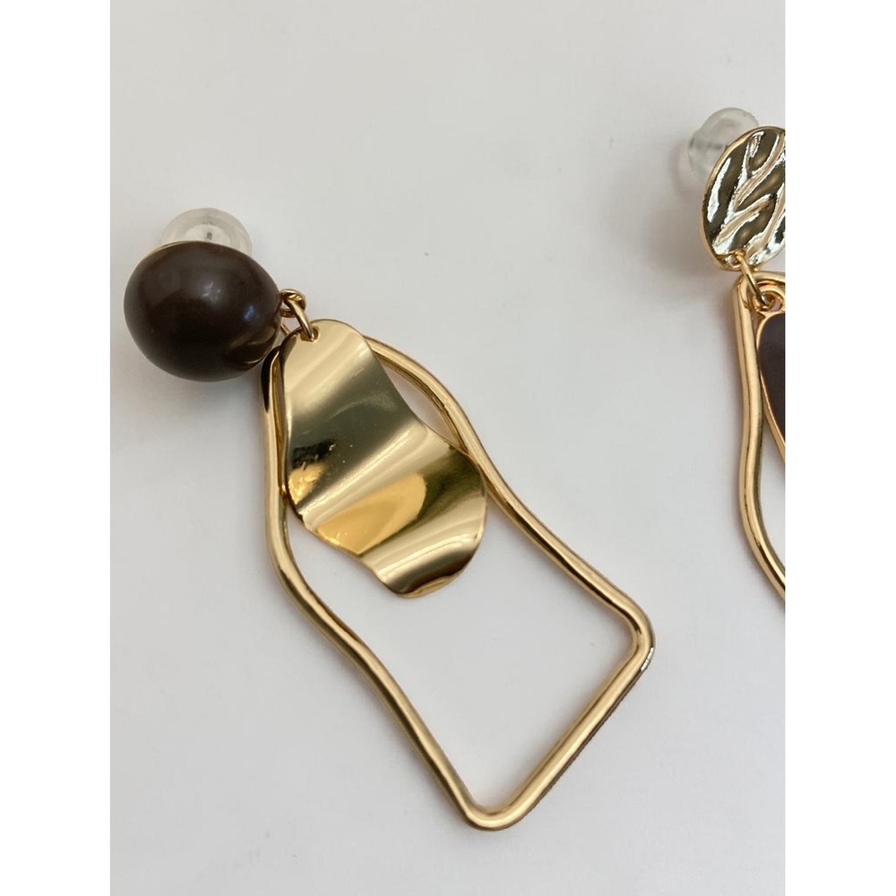 Gold Abstract Geometric Statement Drop Earrings Boho Asymmetrical Artsy - Picture 14 of 15